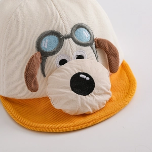 Cute baby winter baseball cap with cartoon puppy embroidery and corduroy brim