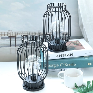 Minimalist black metal lantern table lamp set with vintage LED Edison bulbs for home decor
