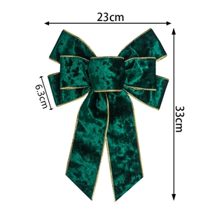 Dark green velvet Christmas bow with gold edges for tree decoration, 23x33cm size