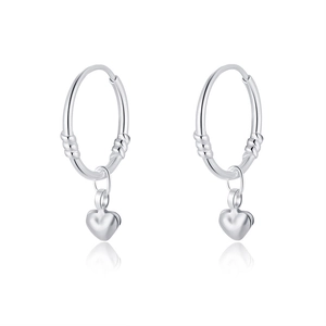 Minimalist S999 sterling silver heart drop earrings with polished round hoops in silver