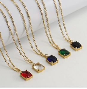 Detailed display of five colorful square zircon pendants on gold stainless steel chains