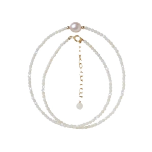 Elegant natural freshwater pearl necklace with cat-eye stone and 14K gold lobster clasp