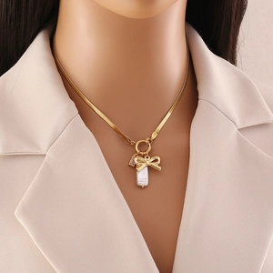 Elegant gold bow necklace with square pearl pendant on snake chain for women
