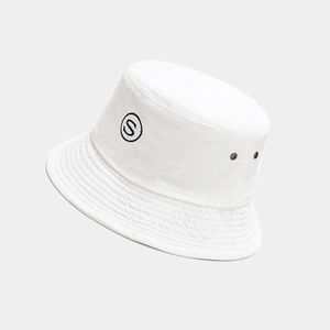 Detail of white cotton bucket hat with black S letter embroidery and metal eyelets