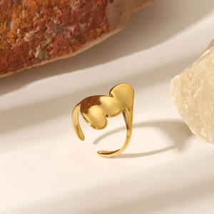 Minimalist gold open ring featuring irregular abstract liquid metal wave pattern design
