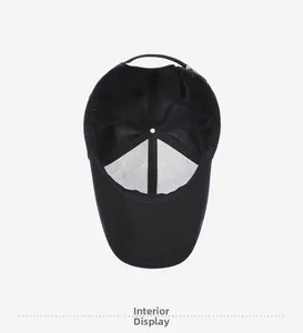 Detail of black baseball cap interior showing six-panel stitching and adjustable strap