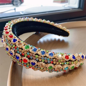 Baroque Luxury Full Rhinestone Padded Headband Retro Colorful Crystal Hair Band Sparkly Fashion Headpiece For Women