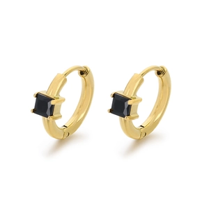 Elegant gold hoop earrings featuring square-cut black stones in a four-prong setting