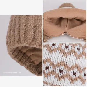 Winter Fair Isle knit earflap hat with pompom and warm fleece lining for women