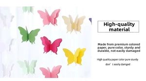 Detail of multi-layered 3D paper butterflies in vibrant colors for party wall decoration