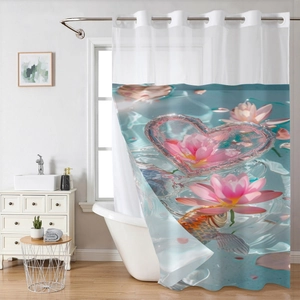 Wasserdichter Polyester-Duschvorhang mit floralem Lilien- und Koi-Fisch-Print im Bad
