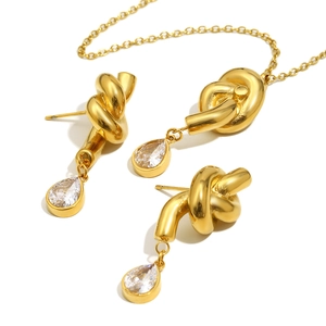 Vintage 18K gold plated knotted waterdrop zircon necklace and earrings jewelry set