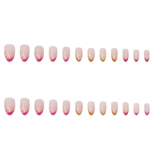 24-piece set of oval press-on nails featuring gradient pink and orange floral designs