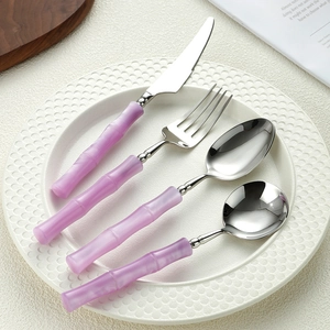 4-piece 304 stainless steel cutlery set with purple bamboo-style acrylic handles