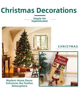 Detailed view of burlap snowman Christmas stocking with Merry Christmas text on rustic tree