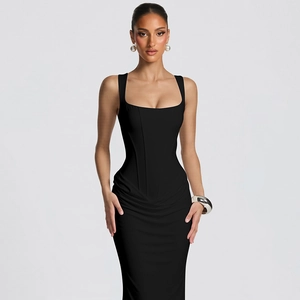 Detail of elegant black bodycon evening dress with ruched waist and square neck design