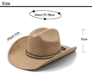 Size chart detail of suede cowboy hat with measurements of brim height and circumference