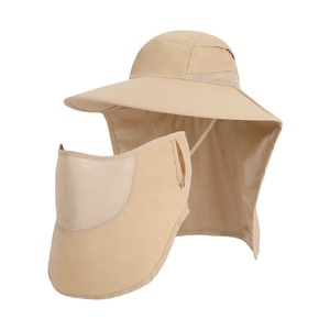 Khaki outdoor sun hat with detachable neck flap and face mask for UV protection
