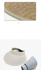 Detail of wide brim straw sun visor with elastic band showing premium stitching and foldability