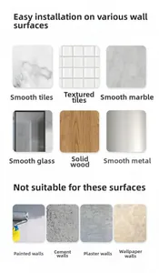 Detailed guide showing compatible surfaces for gold bathroom rack adhesive hooks