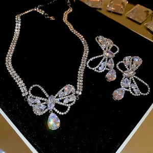 Sparkling zircon bowknot necklace and teardrop earrings set with pear-cut crystals