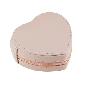 Pink heart-shaped PU leather jewelry storage box with zipper closure on white background
