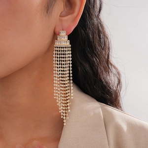 Geometric Triangle Long Tassel Drop Earrings With Silver Earring Post Copper Zircon Rhinestone Jewelry For Women