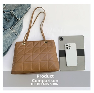 Brown quilted tote bag shown with tablet and phone to demonstrate storage capacity