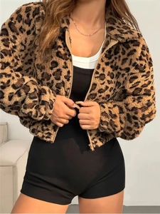 Chic leopard print faux fur cropped jacket with hood and zipper for women