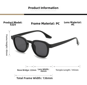 Detailed dimensions of round vintage sunglasses with black PC frame and AC lenses