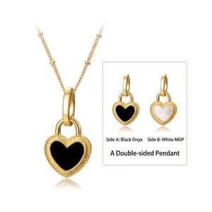 Vintage stainless steel heart necklace with double-sided onyx and mother of pearl inlay