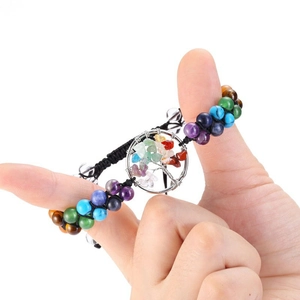 Handcrafted Tree of Life bracelet with seven chakra natural stones and adjustable braided cord