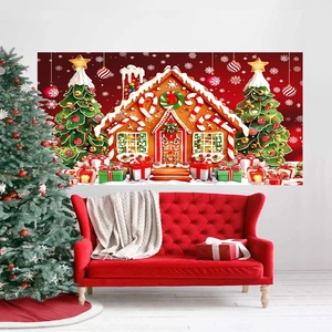Tapisserie Murale Maison en Pain d'Épice de Noël Toile de Fond Festive pour Décoration de Fête à la Maison Polyester