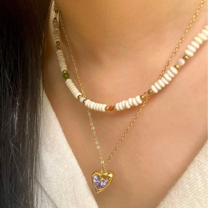 316L Stainless Steel 18K Gold Plated Layered Necklace Purple Heart Zirconia Pendant Multicolor Beaded Chain Jewelry For Women