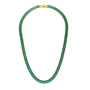 Detail of emerald green tennis necklace with gold plated prong-set zircon stones