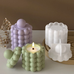 Moule en silicone pour pots de bougies cylindriques à bulles avec couvercle texturé