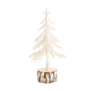 Miniature white frosted Christmas tree with natural wood base for festive tabletop decor