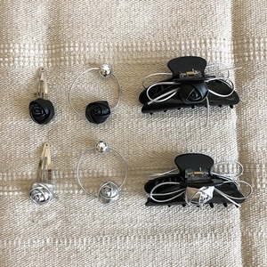 6-piece black leather rose and silver bow hair clip and earring jewelry accessory set