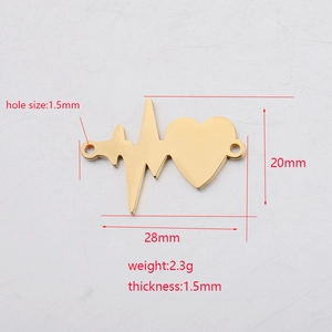 Macro view of gold stainless steel heartbeat charm with precise size measurements