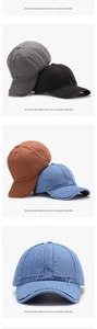 Detail showing distressed frayed edges on vintage washed cotton baseball caps in four colors