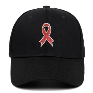 Black cotton baseball cap with red ribbon embroidery in a classic six-panel design