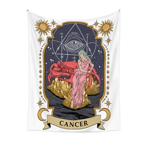 Detailed view of Cancer zodiac tapestry featuring retro illustration and mystic symbols