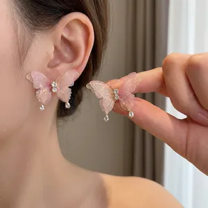 Boucles d'oreilles papillon roses scintillantes avec cristaux pour femmes chic