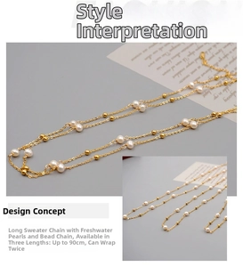 Détail du collier sautoir de 90cm en perles d'eau douce avec chaîne dorée perlée
