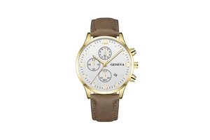 Close-up of golden men's watch with white dial, brown leather strap and calendar feature