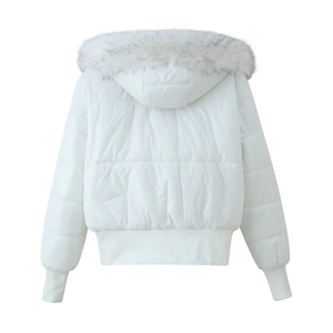 Detail view of white hooded winter coat with detachable faux fur collar and elastic hem