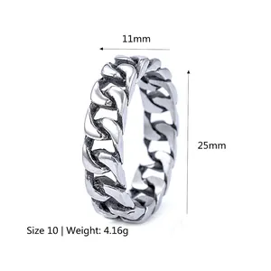 Stainless steel Cuban link chain ring for men and women with vintage silver finish