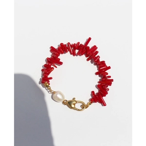 Irregular red coral beads bracelet with white freshwater pearl and gold heart lobster clasp