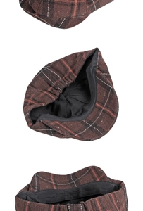 Detailed views of brown plaid wool octagonal hat featuring inner lining and elastic band