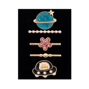 5-piece set of celestial themed hair clips featuring star, planet, and UFO alloy designs